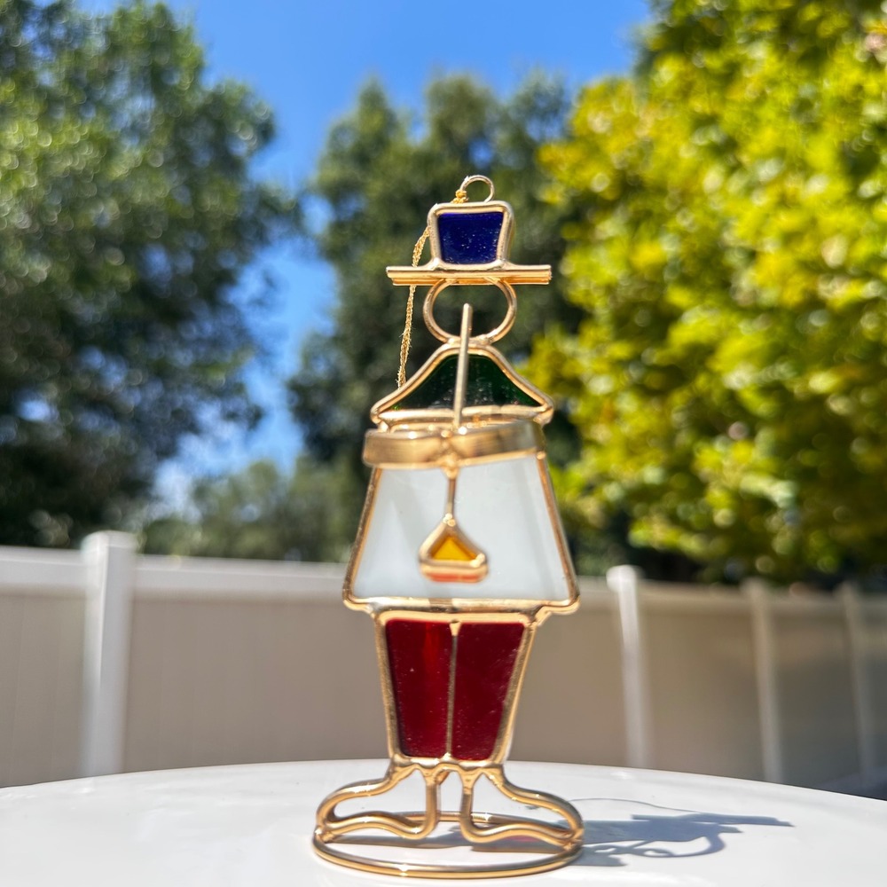 Vintage Stained Glass Victorian Caroler Musician Horn Christmas Ornament Gold